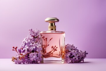 Obraz na płótnie Canvas Glass perfume bottle with lilac flowers on a lilac background. AI generated