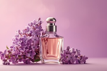 Glass perfume bottle with lilac flowers on a lilac background. AI generated - obrazy, fototapety, plakaty