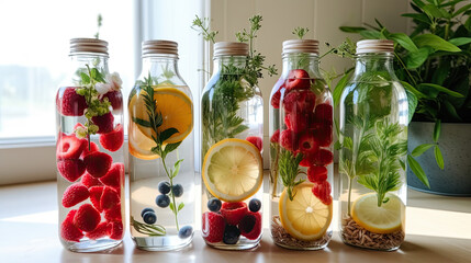 Fototapeta na wymiar fruit, lemons, strawberries, and herbs in glass bottles on a window sie with sunlight shining through the windows