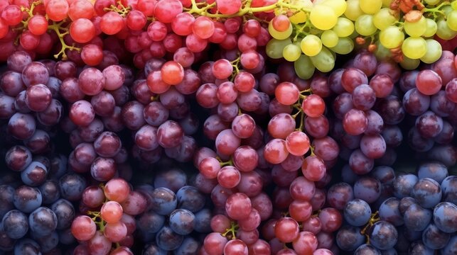 bunch of grapes of different varieties, different ampelography berries, juicy fruits. Close-up. Healthy snack with juicy fruits, Winemaking, house wine. Generative AI
