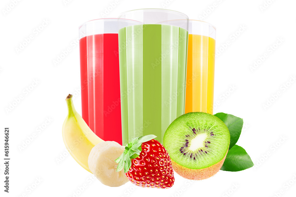 Poster isolated juice. three glasses with straberry,banana and kiwi juice and cut fruits isolated on white 