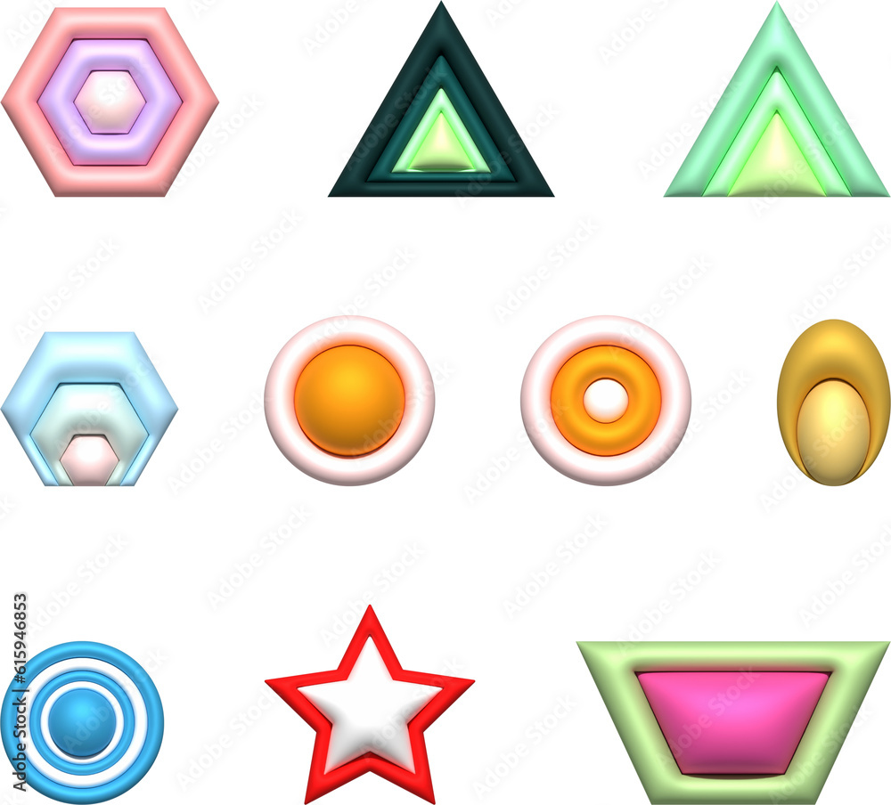 Aufkleber various multicolored inflated figures, 3d rendering isolated on white background