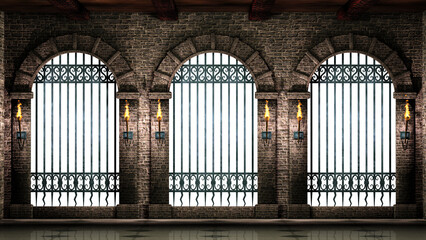 Medieval castle arches with iron castle railings isolated on white background.3d illustration.