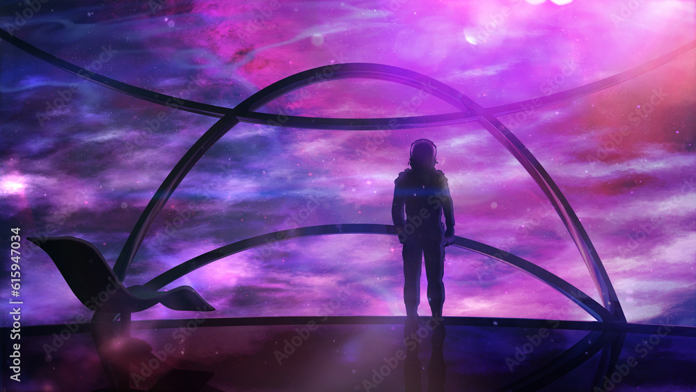 Poster silhouette of a man standing in front of a panoramic window of a spaceship. the footage can be suita