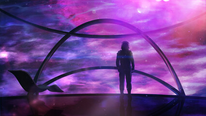 Silhouette of a man standing in front of a panoramic window of a spaceship. The footage can be suitable for your videos on the topic of space exploration or the presentation of any science-fiction