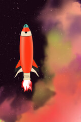 A cartoon rocket in space. Space shuttle launches against a red cloud of nebulae and dark starry space. Cosmic illustration. Fire bursting out of the spacecraft's turbines.