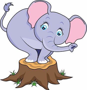Cartoon cute baby elephant terrified on tree stump. Illustration for children's books, posters, clothes, alphabet cards.