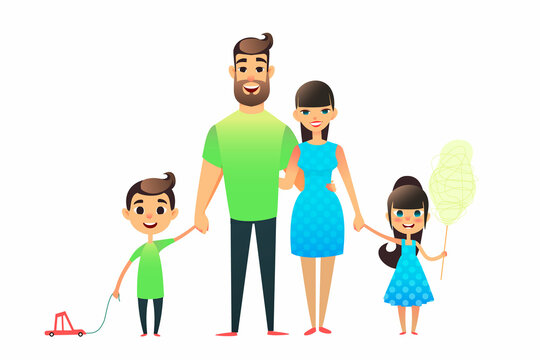 Happy cartoon flat family portrait. Mother, father, son, daughter together. Mom and dad embrace, the brother is carrying a toy car on a string, the sicter is holding cotton candy.