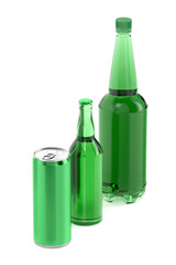 Three different types of beer containers, plastic and glass bottles and can