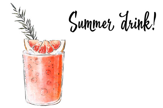 Colorfu hand-drawn illustration of delicious smoothie of fresh fruit. Fresh summer cocktail with grapefruit and rosemary. Glass with ice cubes. Healthy beverage. Vitamin natural drink