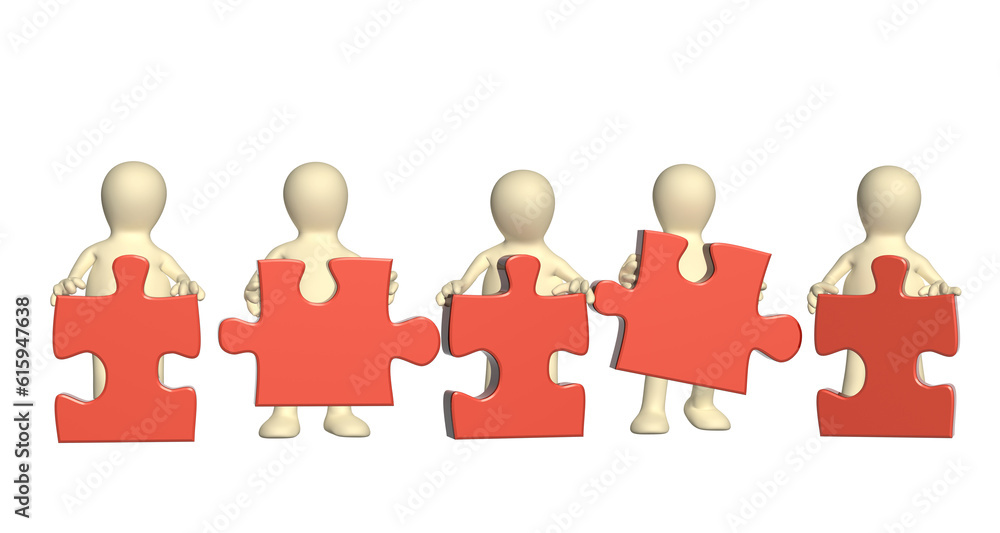Aufkleber Success of teamwork. Five 3d mans with part of puzzles of red color. Isolated on white background. 3d render