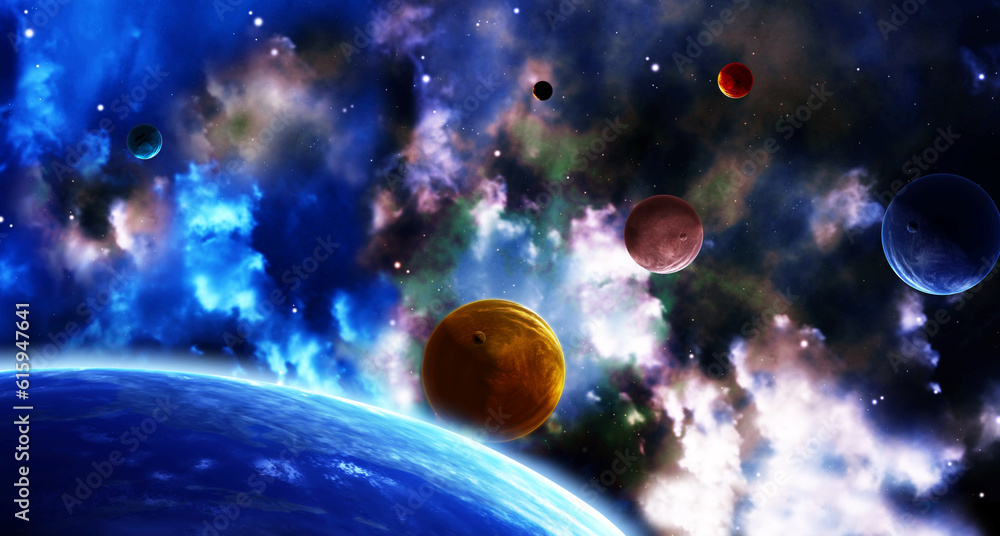 Poster a beautiful space scene with sun, planets and nebula. elements of this image furnished by nasa. 3d r