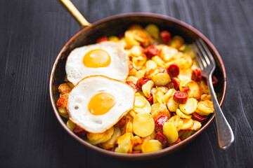 close up of rustic sausage hash breakfast