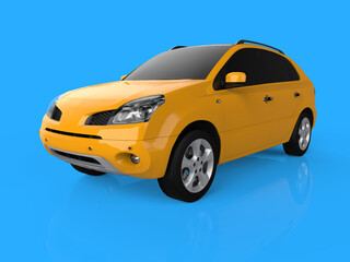 Naklejka premium Compact city crossover yellow color on a blue background. Left front view. 3d rendering