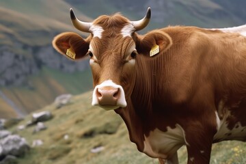dairy cow grazes in a meadow in the mountains. Generative AI