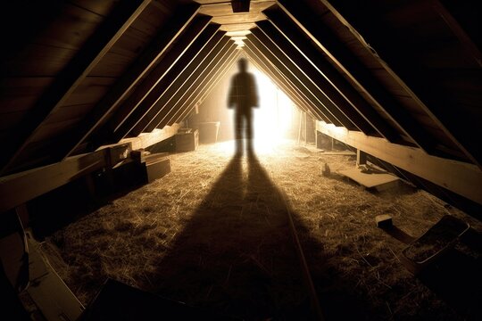 A haunting image of an attic, shot with a fisheye lens to create a distorted perspective. Generative AI