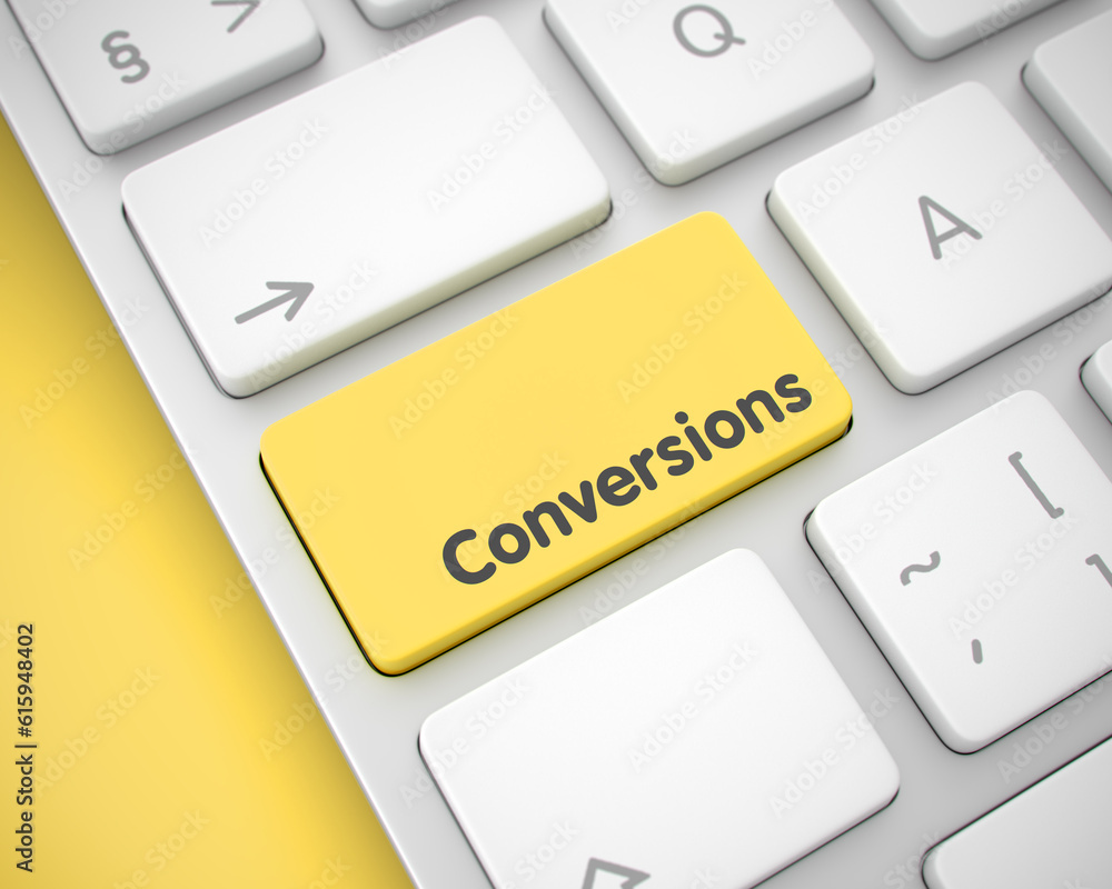 Poster closeup view on metallic keyboard - conversions yellow key. online service concept with modern enter