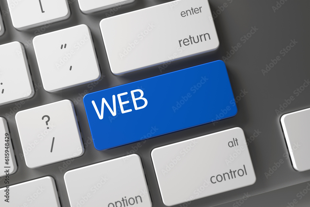 Poster web concept modern keyboard with web on blue enter button background, selected focus. 3d illustratio