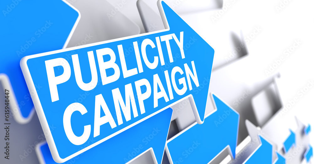 Poster publicity campaign - blue pointer with a text indicates the direction of movement. publicity campaig