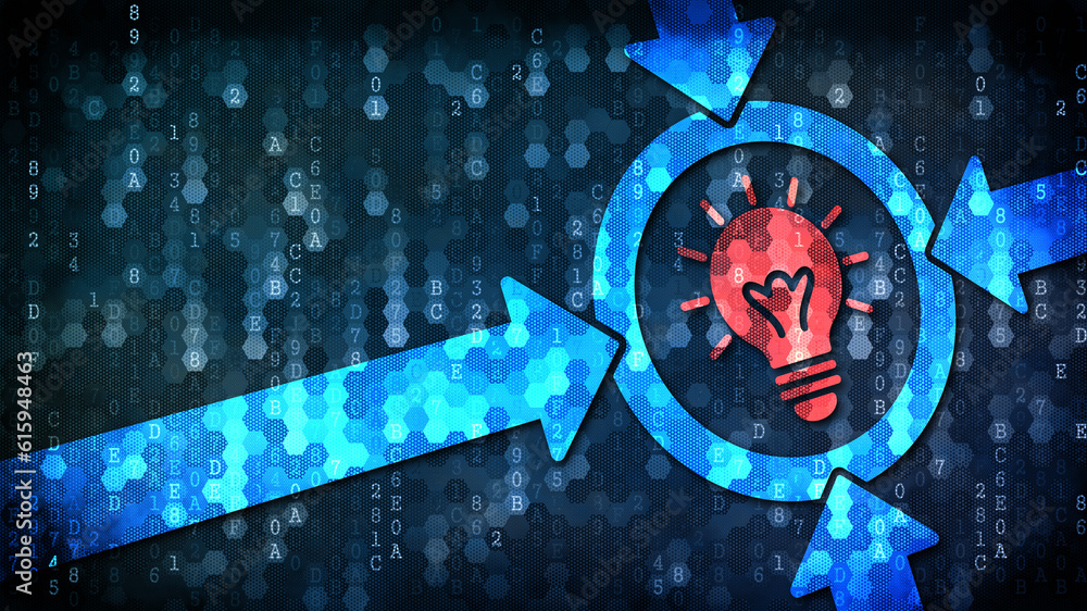 Poster idea concept: bulb lamp red sign on the digital background with blank copyspace for text.