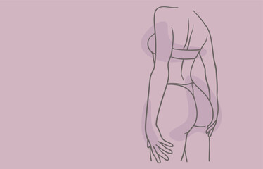 Body woman line art drawing with shapes on pink background. Cosmetics design, sports body. Minimal design. Vector illustration outline