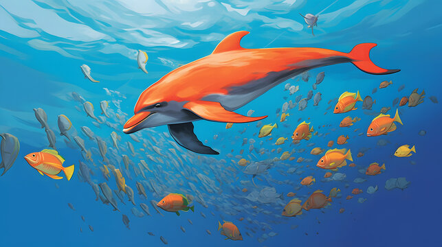 A dolphin guiding a group of fish through the ocean, representing VentureGuru's mission to guide entrepreneurs. The dolphin uses its intelligence and advanced communication skills to navigate the vibr