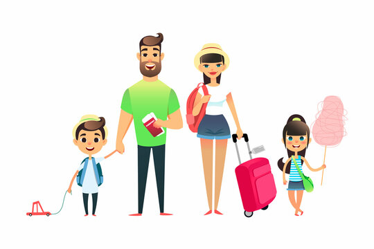 Travelling family people waiting for airplane or train. Cartoon dad, mom and child traveling together. Young cartoon couple, girl and boy go on vacation with suitcases and bags. Man holds tickets and 