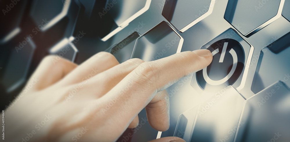 Poster finger pushing digital start button on a futuristic interface. conceptual design of an innovative te