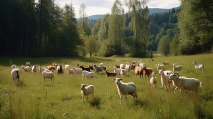 goats graze on a farm meadow. Generative AI