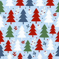 Seamless background with decorative christmas trees. White, green, blue, red on light blue background. Colorful happy New Year background. Winter theme forest tree design for wrapping paper