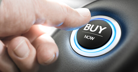 Man pushing a car start button with the text buy now. Call for action concept. Composite image...