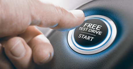 Man pushing a free test drive button. Composite image between a finger photography and a 3D...