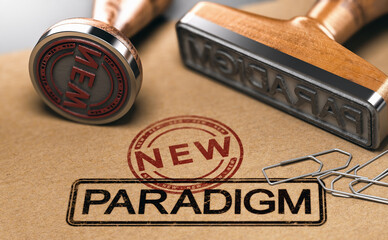 Rubber stamps with the words new and paradigm over brown paper background. 3D illustration - obrazy, fototapety, plakaty