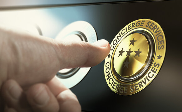Man contacting concierge service by pushing a golden button. Composite image between a hand photography and a 3D background.