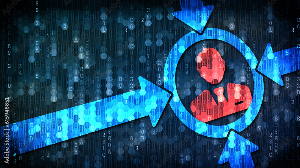 Poster identity concept: character red illustration on pixelated background with empty copyspace for card.