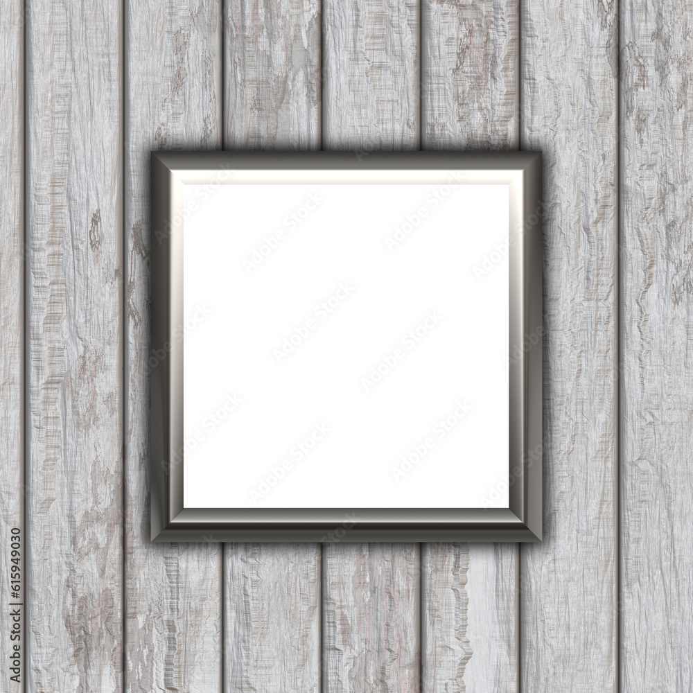 Poster 3d render of a blank picture frame on a wooden texture background