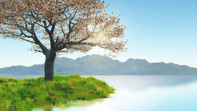 3D render of a cherry blossom tree on grassy bank against mountain landscape