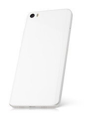 Back view of modern white smartphone with camera and flash stands isolated on white background. Smart phone with clipping path