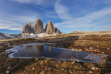 Tre cime di Lavaredo at sunset, Dolomite Alps, Italy