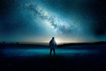 A man stands watching with wonder and amazement as the moon and milky way galaxy fill the night...
