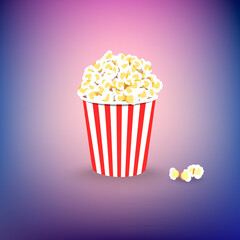 Carton bowl full of popcorn on colorful background. Flat illustration.