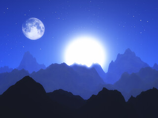 3D render of an abstract landscape with moon and sun