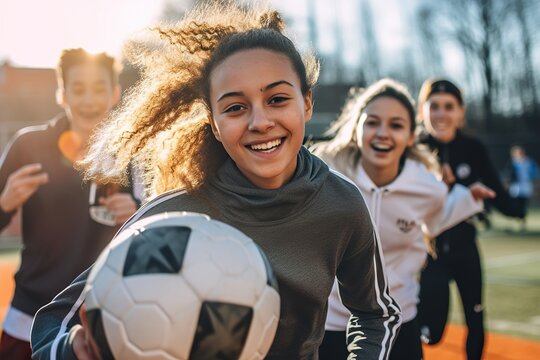 Happy teenagers playing soccer outdoors during daytime. Generative Ai