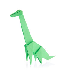 Green dinosaur Brachiosaurus of origami, isolated on white background.