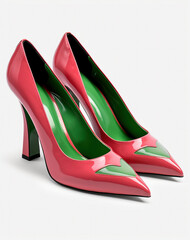 A pair of fashionable red and green high heeled shoes isolated on a white background.  Generative AI.