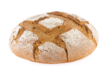 Freshly baked domestic rye bread with bran, isolated on white background.