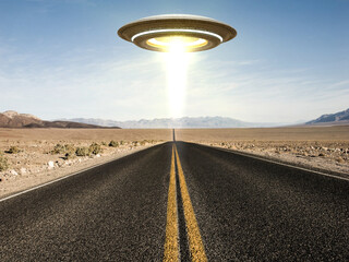3d illustration of a ufo flying over an empty desert road