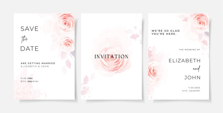 Elegant watercolor with floral and leaves on wedding invitation card template