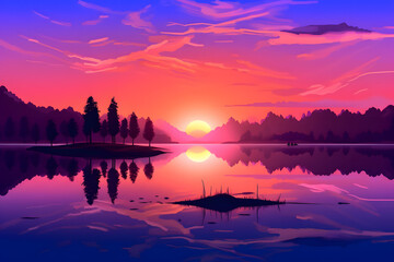 A peaceful sunset reflecting on a tranquil lake with vibrant hues of purple and pink in the sky