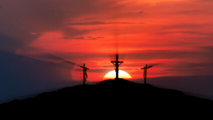 Obraz premium Three crosses on the Calvary with sun and rays